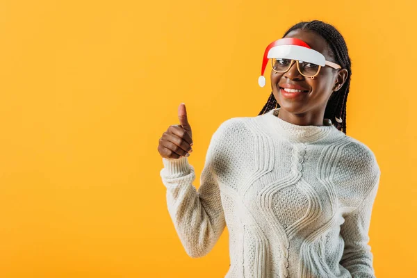 African American Woman Winter Sweater Christmas Glasses Giving Thumb Isolated — Stock Photo, Image