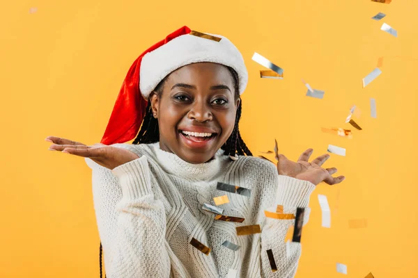 Happy African American Woman Santa Hat Smiling Looking Camera Yellow — Stok fotoğraf