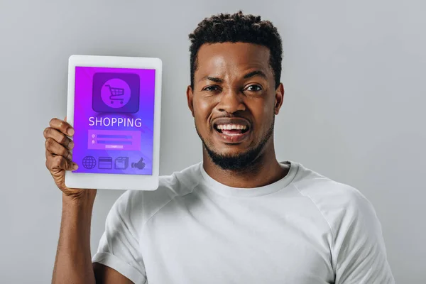 Upset African American Man Holding Digital Tablet Shopping Application Looking — Stock Photo, Image