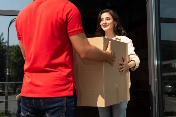 Cropped View Delivery Man Giving Carton Box Pretty Girl — Stock Photo, Image