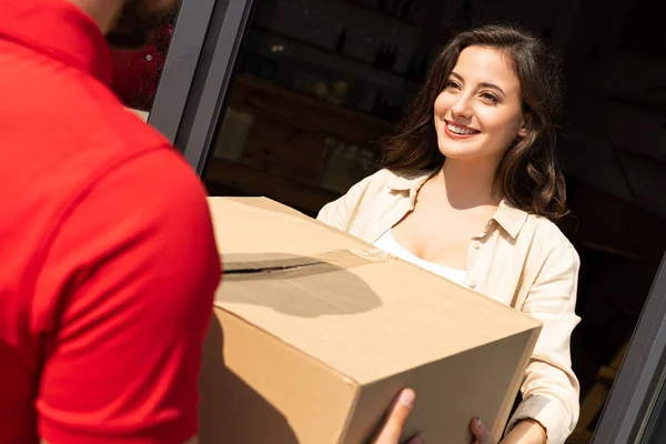 Cropped View Delivery Man Giving Carton Box Smiling Woman — Stock Photo, Image