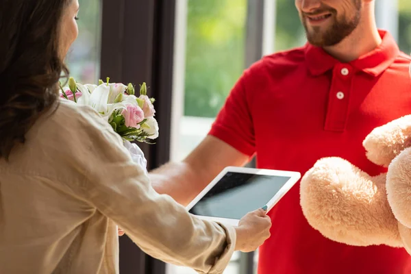 Cropped View Woman Holding Digital Tablet Delivery Man Presents — Stock Photo, Image