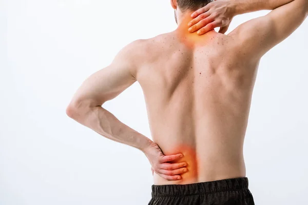 Partial View Shirtless Man Neck Pain Backache Isolated Grey — Stock Photo, Image