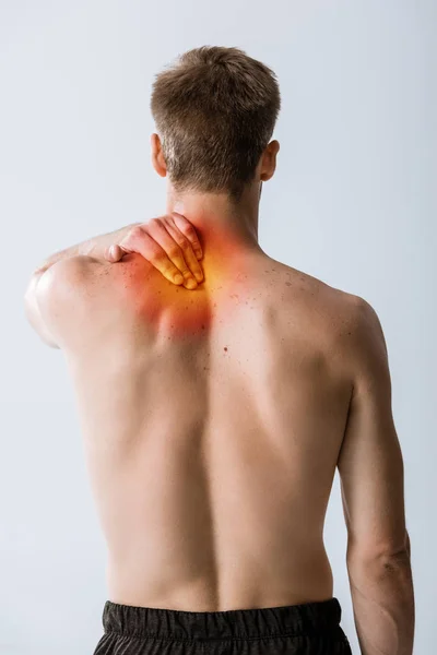Back View Shirtless Man Neck Pain Isolated Grey — Stock Photo, Image