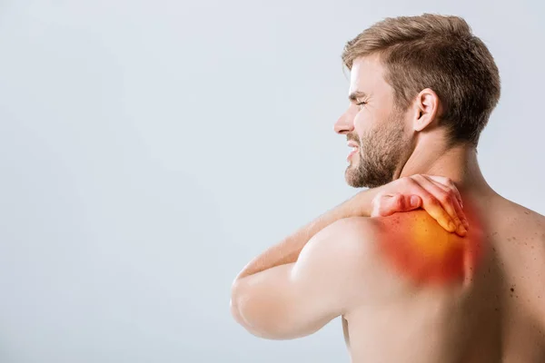 Shirtless Bearded Man Pain Shoulder Isolated Grey — Stock Photo, Image