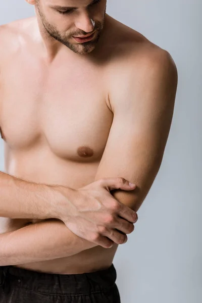 Partial View Shirtless Man Pain Elbow Isolated Grey — Stock Photo, Image