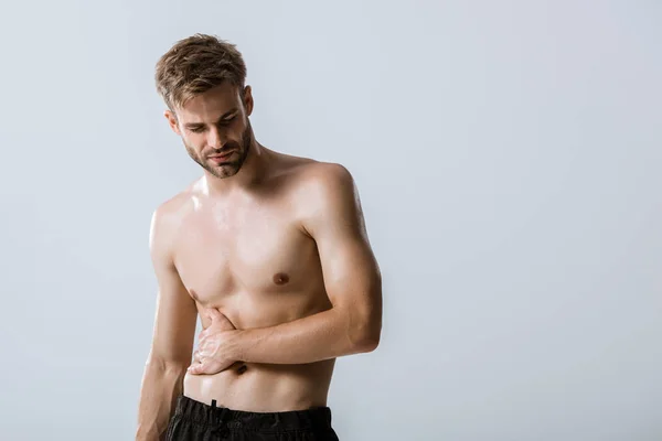 Shirtless Bearded Man Stomach Pain Isolated Grey — Stock Photo, Image