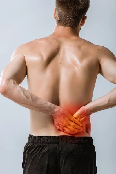 Back View Shirtless Sportsman Lower Back Pain Isolated Grey — Stock Photo, Image