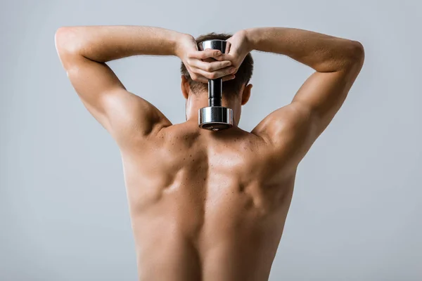 Achteraanzicht Van Shirtless Sportman Met Behulp Van Barbell Geïsoleerd Grijs — Stockfoto