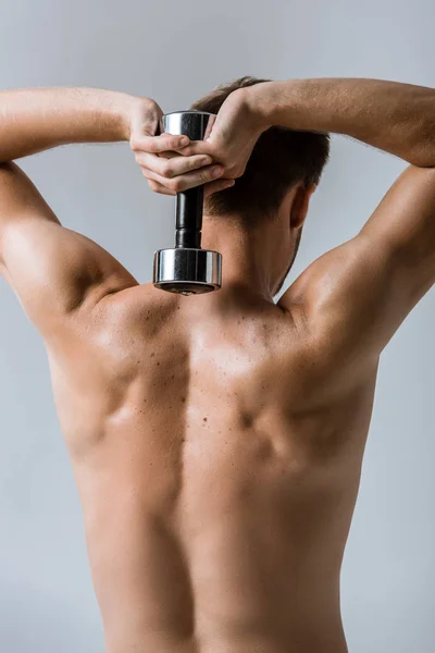 Back View Shirtless Sportsman Using Barbell Isolated Grey — Stock Photo, Image