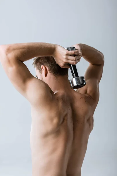 Back View Shirtless Sportsman Using Barbell Isolated Grey — Stock Photo, Image