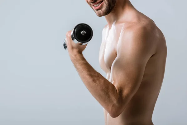 Visão Parcial Desportista Sem Camisa Usando Barra Isolada Cinza — Fotografia de Stock