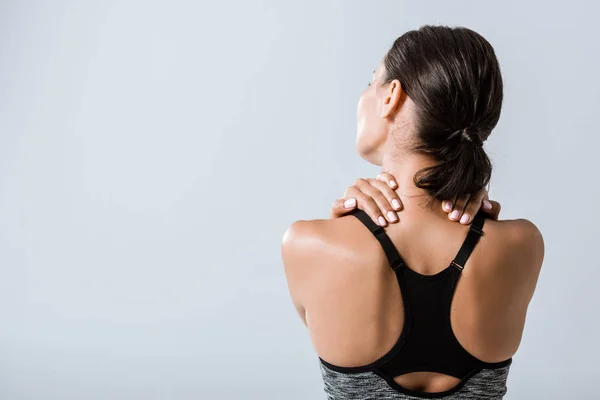 Vista Posterior Deportista Con Dolor Cuello Aislado Gris —  Fotos de Stock