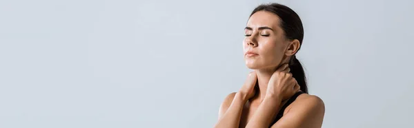 Panoramic Shot Attractive Young Woman Touching Neck Closed Eyes Isolated — Stock Photo, Image