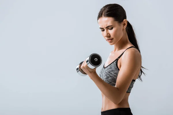 Attractive Brunette Sportswoman Using Dumbbell Isolated Grey — Stock Photo, Image