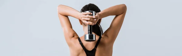 Panoramic Shot Brunette Sportswoman Using Dumbbell Isolated Grey — Stock Photo, Image