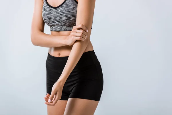 Partial View Sportswoman Arm Pain Isolated Grey Royalty Free Stock Photos