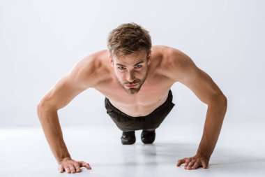 front view of sportsman doing push ups and looking at camera on grey