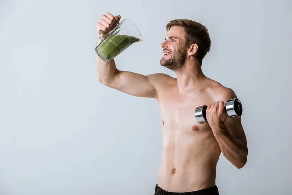 Shirtless Sportsman Holding Smoothie Dumbbell Isolated Grey — Stock Photo, Image