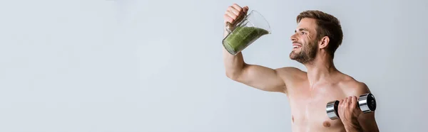 Panoramic Shot Smiling Shirtless Sportsman Holding Smoothie Dumbbell Isolated Grey — Stock Photo, Image