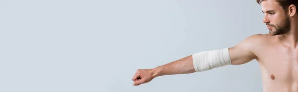 Panoramic Shot Shirtless Sportsman Elastic Bandage Elbow Isolated Grey — Stock Photo, Image