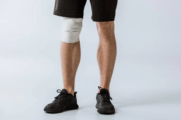 Cropped View Sportsman Elastic Bandage Knee Grey — Stock Photo, Image