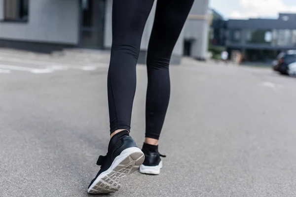 Cropped View Sportswoman Black Sneakers Street — Stock Photo, Image