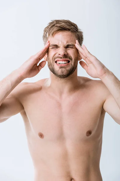 Shirtless Bearded Man Headache Touching Temples Isolated Grey — Stock Photo, Image