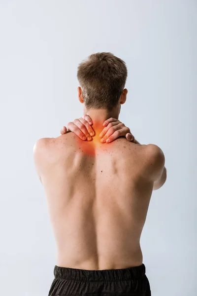 Vista Posterior Del Deportista Con Dolor Cuello Aislado Gris — Foto de Stock