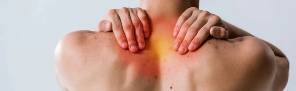 Πανοραμική Βολή Από Γυμνό Άνθρωπο Πόνο Στο Λαιμό Που Απομονώνεται — Φωτογραφία Αρχείου