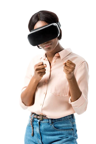 Mulher Africana Americana Camisa Com Fone Ouvido Realidade Virtual Mostrando — Fotografia de Stock