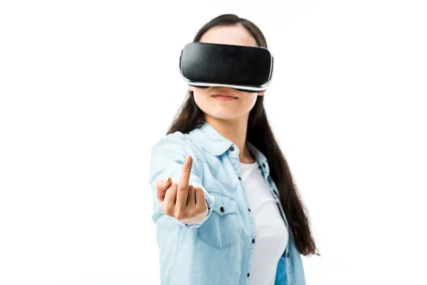 Mujer Camisa Mezclilla Con Auriculares Realidad Virtual Que Muestran Dedo — Foto de Stock