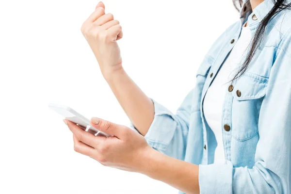Cropped View Woman Denim Shirt Showing Yes Gesture Holding Smartphone — Stock Photo, Image