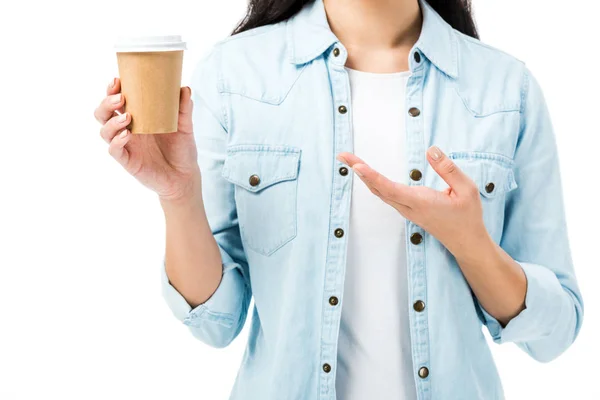 Cropped View Woman Denim Shirt Pointing Hand Paper Cup Isolated — Stock Photo, Image