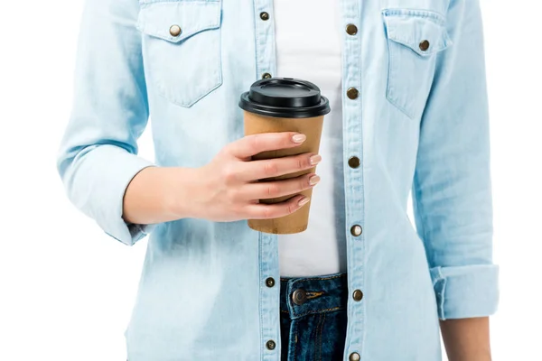 Vue Recadrée Femme Denim Chemise Tenant Tasse Papier Isolé Sur — Photo