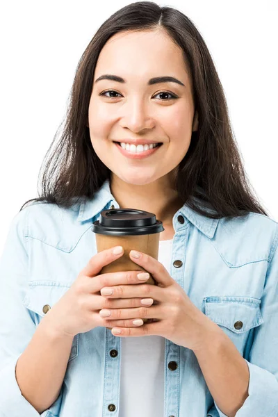 Attractive Smiling Asian Woman Denim Shirt Holding Paper Cup Isolated — Stock Photo, Image