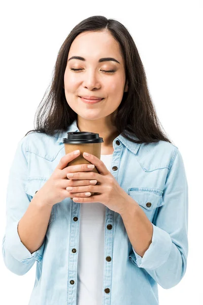 Attractive Smiling Asian Woman Denim Shirt Closed Eyes Holding Paper — Stock Photo, Image