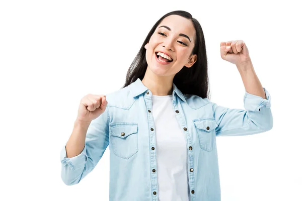 Attractive Smiling Asian Woman Denim Shirt Showing Yes Gesture Isolated — Stock Photo, Image