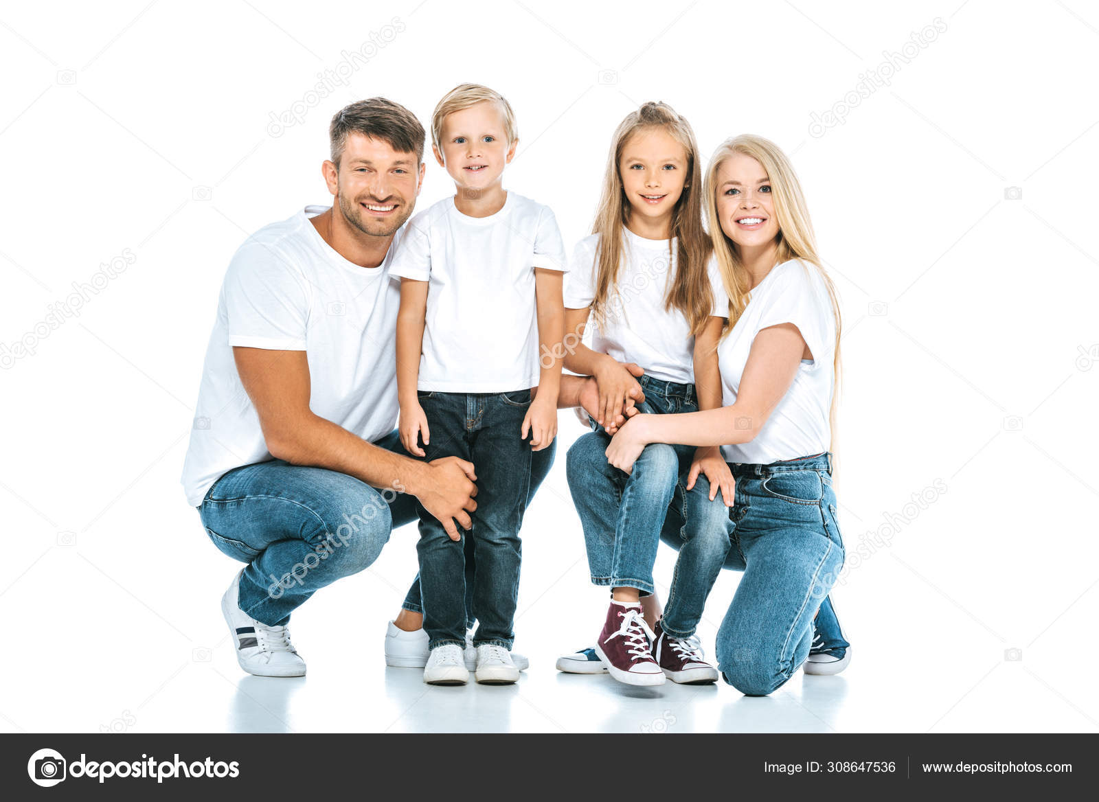 Happy Family Blue Denim Jeans Looking Camera White Stock Photo by ...