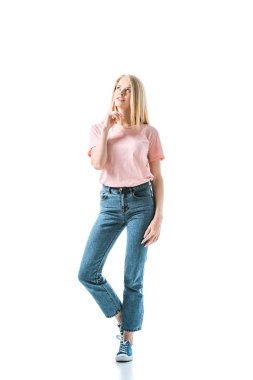 dreamy woman in blue denim jeans standing on white  clipart