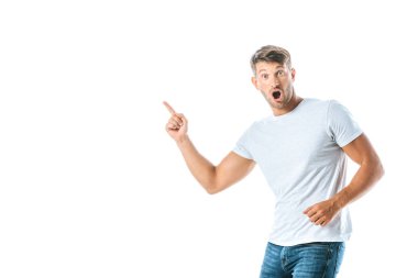 shocked man pointing with finger isolated on white  clipart