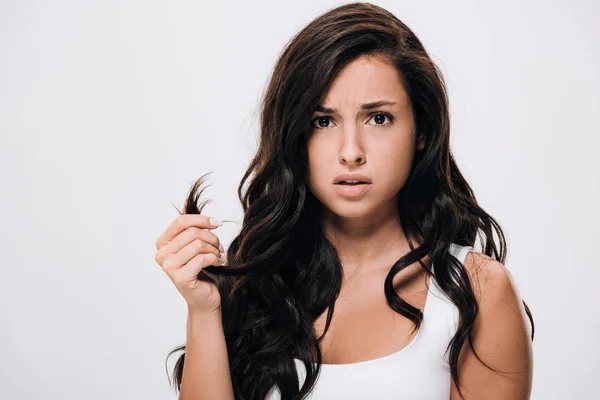 Confused Brunette Beautiful Woman Showing Damaged Hair Isolated Grey — Stock Photo, Image