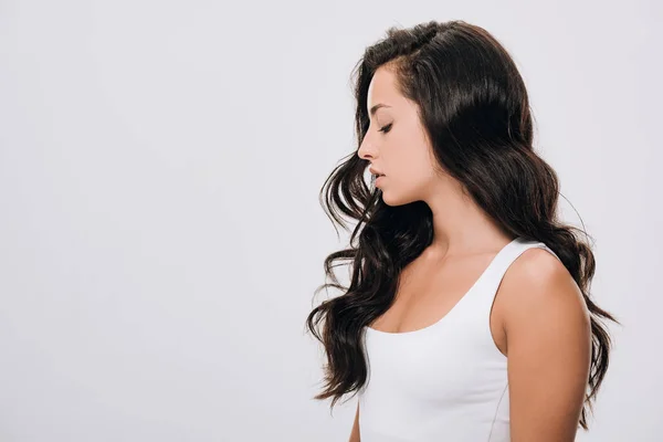 Zijaanzicht Van Brunette Mooie Vrouw Met Lange Krullend Gezond Haar — Stockfoto