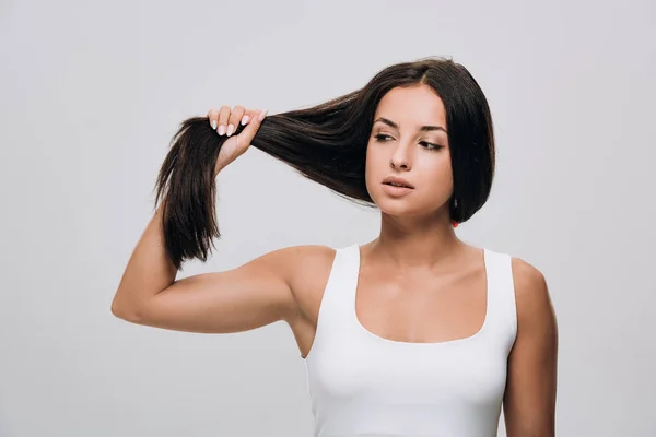 Brunette Beautiful Woman Looking Long Straight Healthy Shiny Hair Isolated — Stock Photo, Image