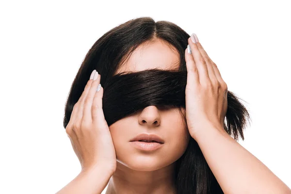 Mulher Bonita Morena Com Cabelo Longo Reto Saudável Brilhante Olhos — Fotografia de Stock