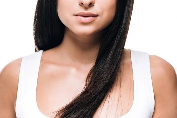 Cropped View Brunette Beautiful Woman Long Straight Healthy Shiny Hair — Stock Photo, Image