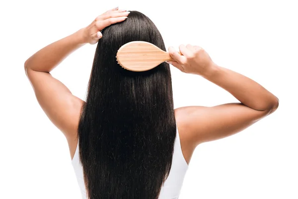 Back View Brunette Beautiful Woman Brushing Long Straight Healthy Shiny — Stock Photo, Image