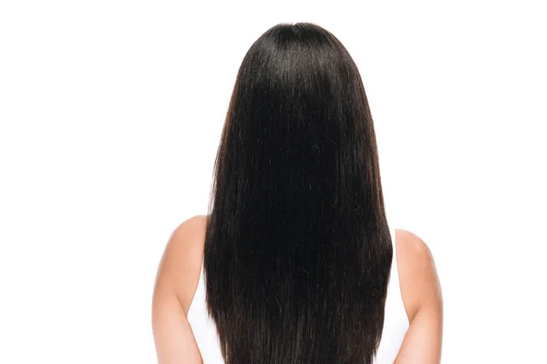 白に隔離された長いまっすぐな健康で光沢のある髪を持つブルネットの美しい女性の背面図 — ストック写真