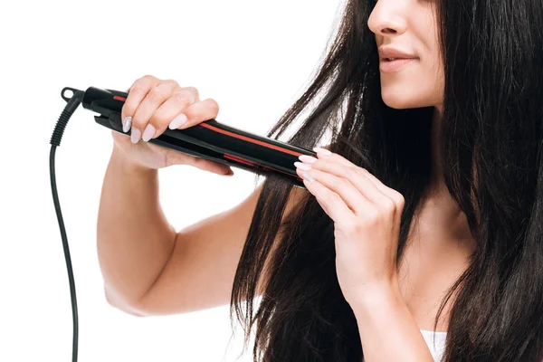 Cropped View Smiling Brunette Beautiful Woman Straightening Long Shiny Hair — Stock Photo, Image