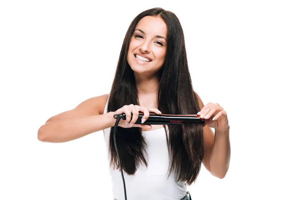 Smiling Brunette Beautiful Woman Straightening Long Shiny Hair Flat Iron — Stock Photo, Image